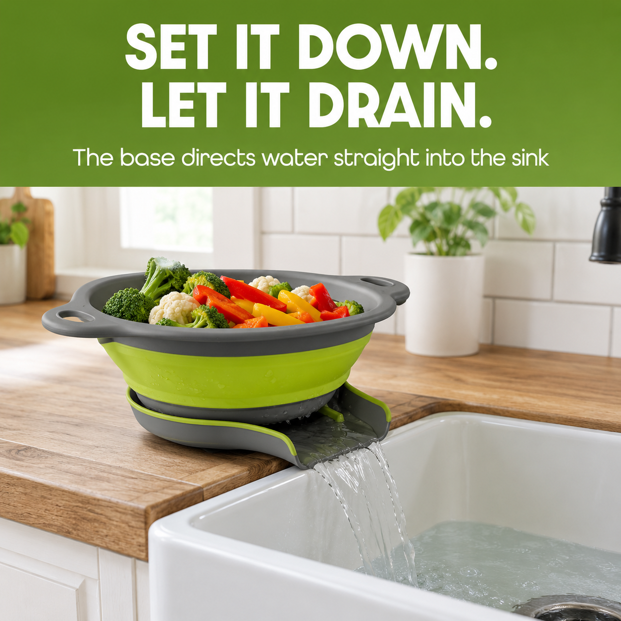 ⚡ 50% OFF 3-Piece Collapsible Colanders with Drainage Base 💧 Rinse, Drain & Store With Ease