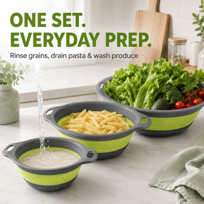 ⚡ 50% OFF 3-Piece Collapsible Colanders with Drainage Base 💧 Rinse, Drain & Store With Ease