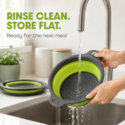 ⚡ 50% OFF 3-Piece Collapsible Colanders with Drainage Base 💧 Rinse, Drain & Store With Ease