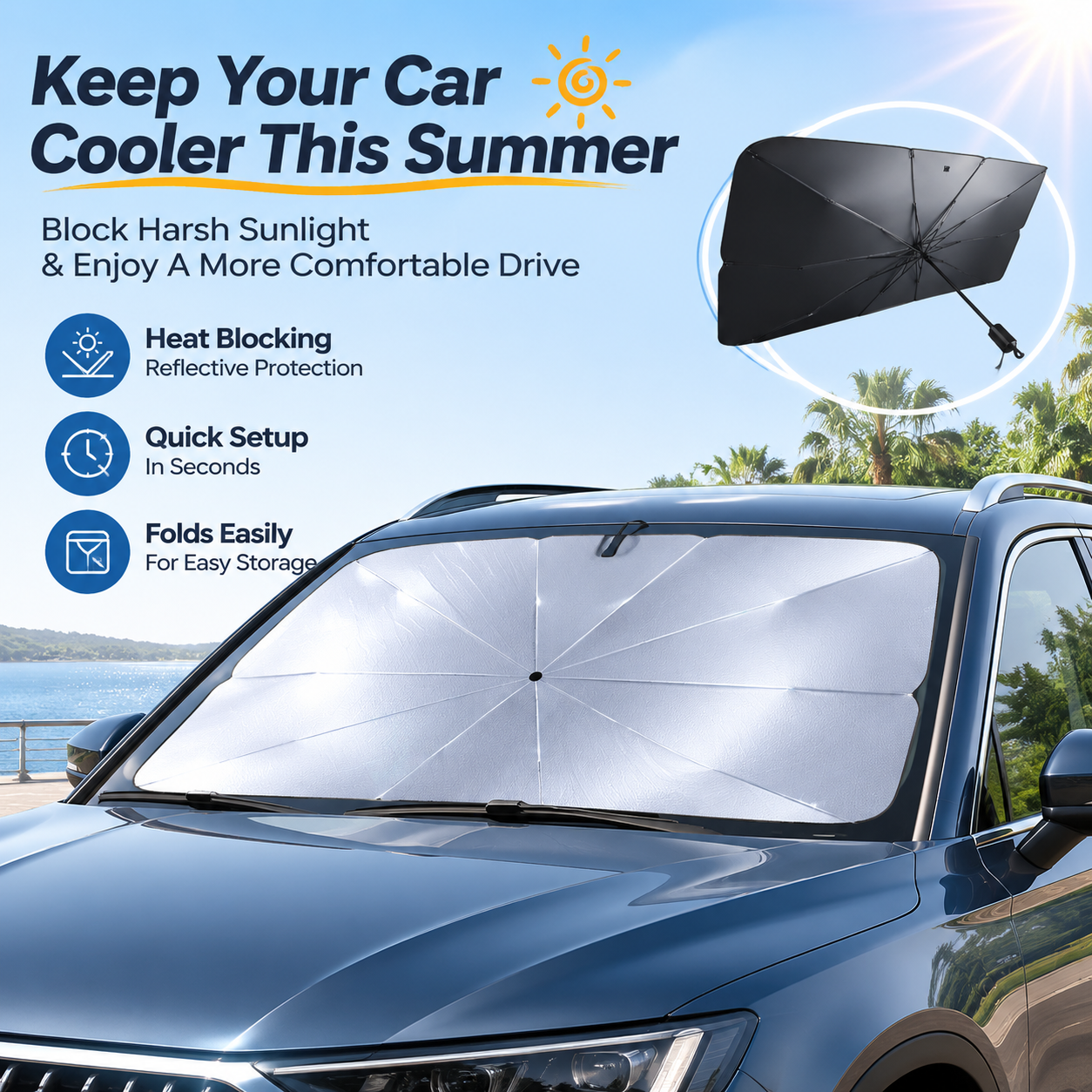 Summer Car Sun Shade | Keep Your Vehicle Cooler With Reflective Windshield Heat Protection