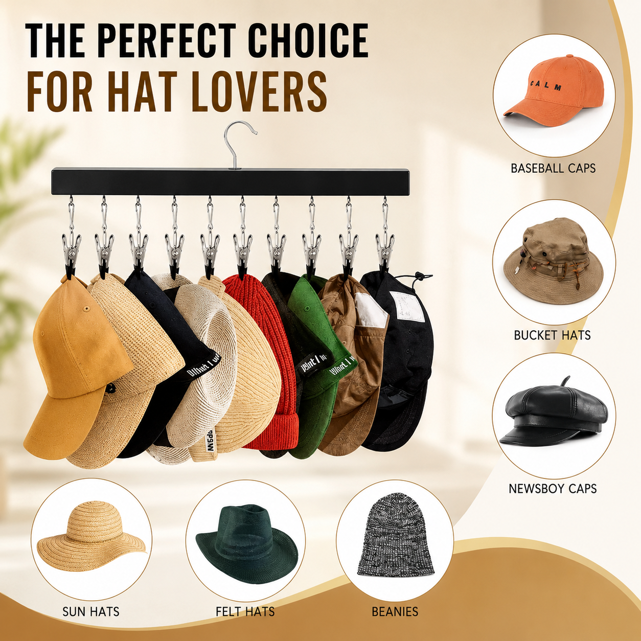 🔥Premium Wooden Hat Organizer with 12 Non-Scratch Stainless Steel Clips - Space Saving Closet Storage for Hats