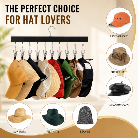🔥Premium Wooden Hat Organizer with 12 Non-Scratch Stainless Steel Clips - Space Saving Closet Storage for Hats