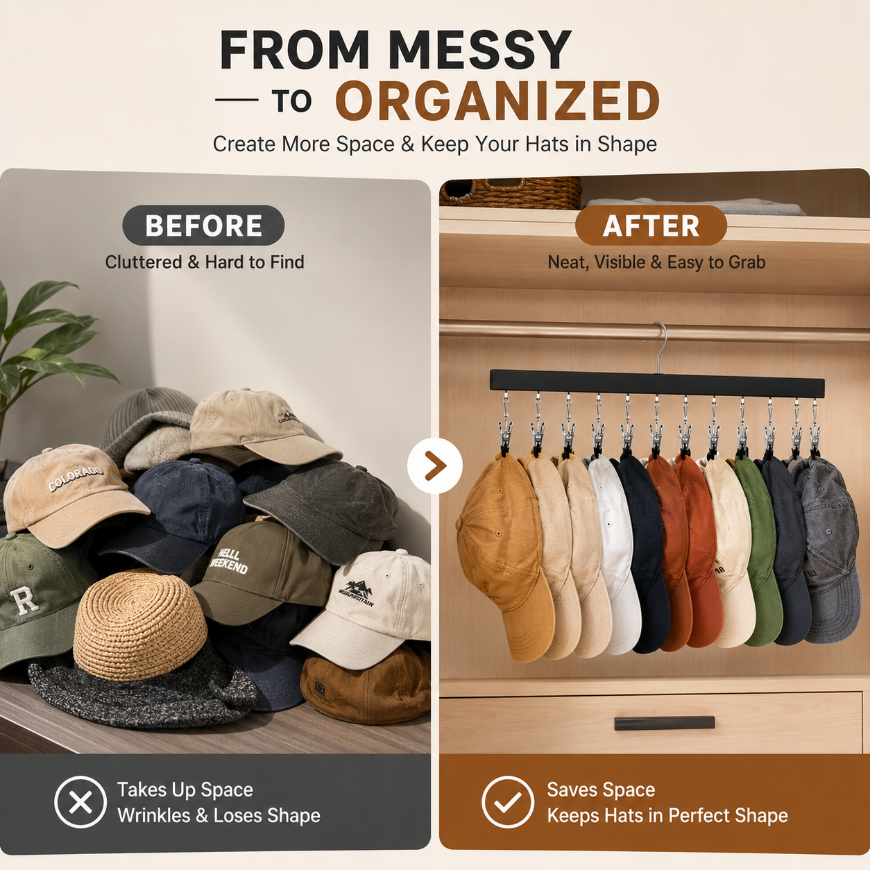 🔥Premium Wooden Hat Organizer with 12 Non-Scratch Stainless Steel Clips - Space Saving Closet Storage for Hats