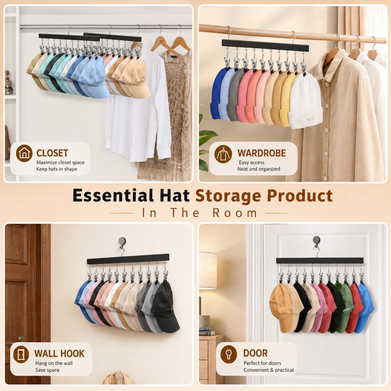 🔥Premium Wooden Hat Organizer with 12 Non-Scratch Stainless Steel Clips - Space Saving Closet Storage for Hats