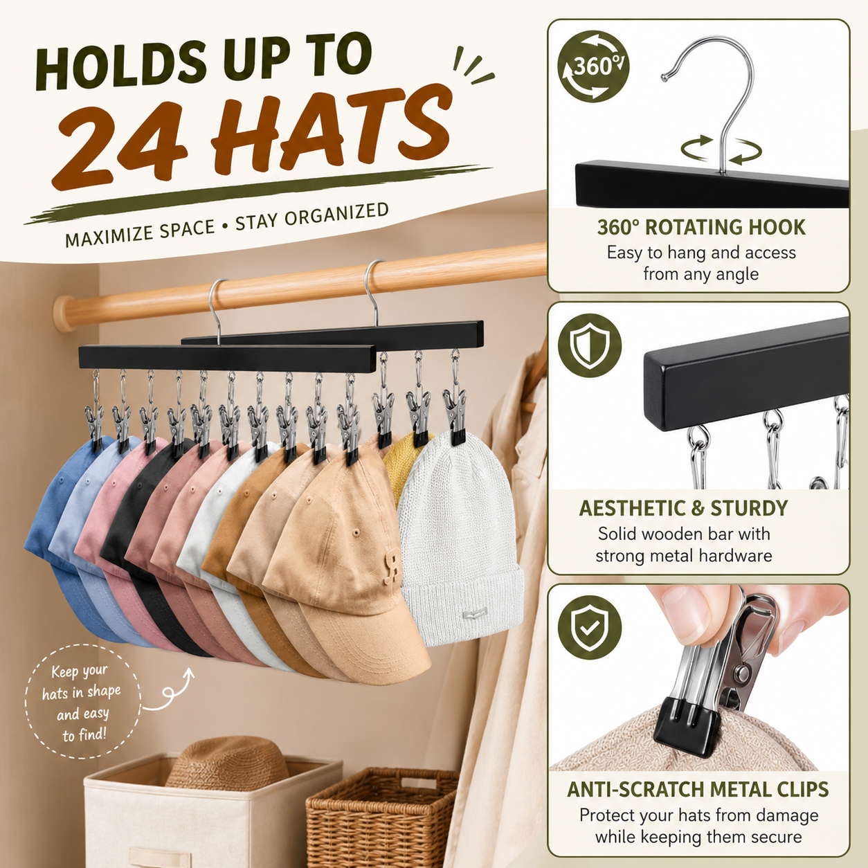 🔥Premium Wooden Hat Organizer with 12 Non-Scratch Stainless Steel Clips - Space Saving Closet Storage for Hats