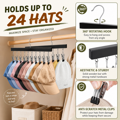 🔥Premium Wooden Hat Organizer with 12 Non-Scratch Stainless Steel Clips - Space Saving Closet Storage for Hats