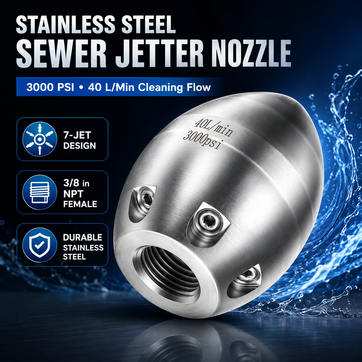 💦 3000 PSI 40 L/Min 3/8'' Stainless Steel Sewer Jetter Nozzle&nbsp;