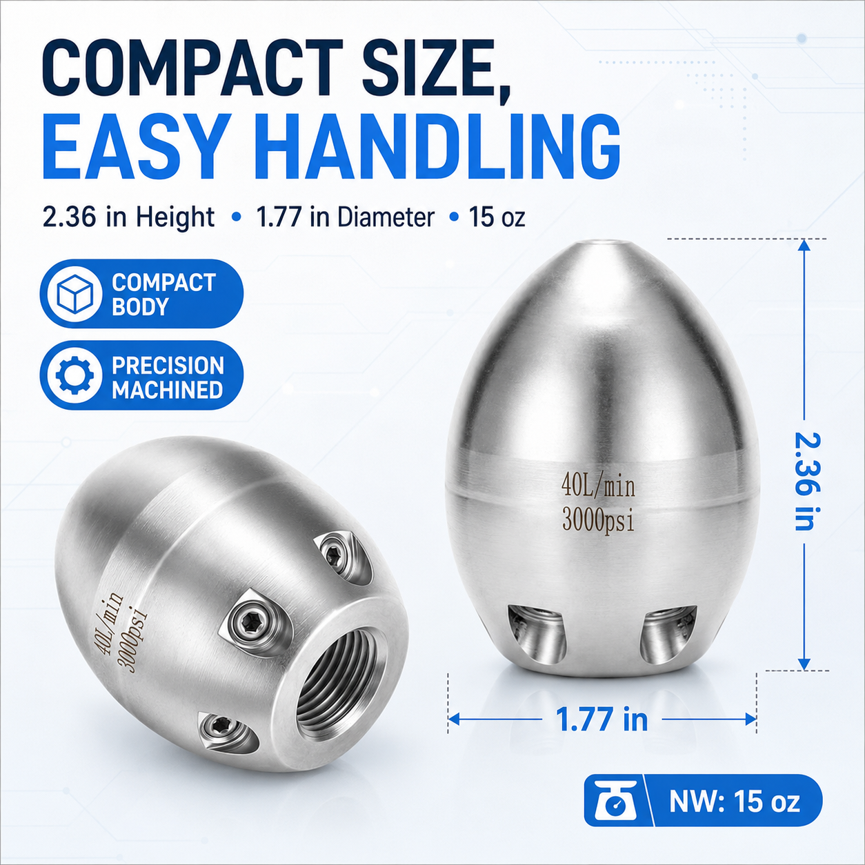 💦 3000 PSI 40 L/Min 3/8'' Stainless Steel Sewer Jetter Nozzle&nbsp;