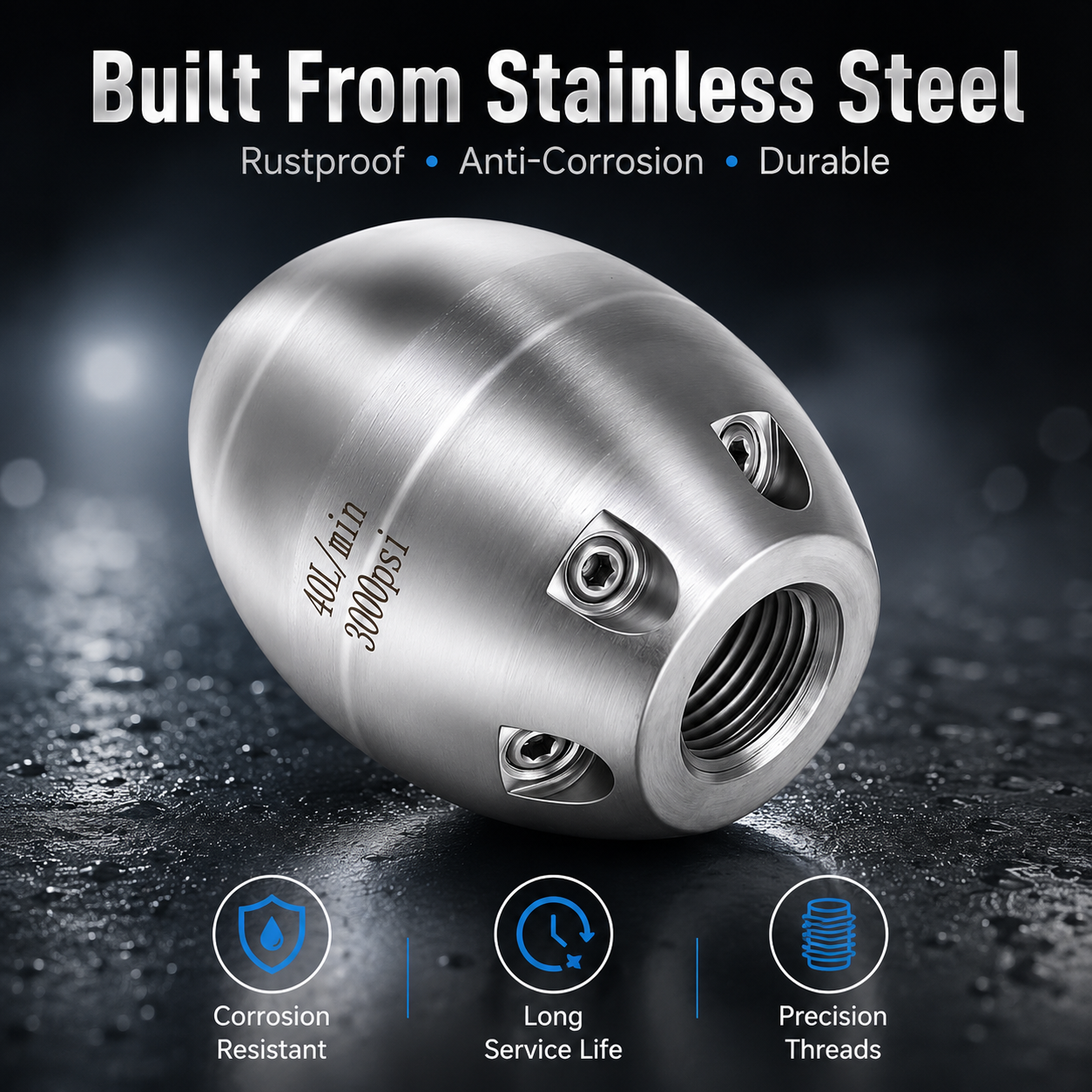💦 3000 PSI 40 L/Min 3/8'' Stainless Steel Sewer Jetter Nozzle&nbsp;
