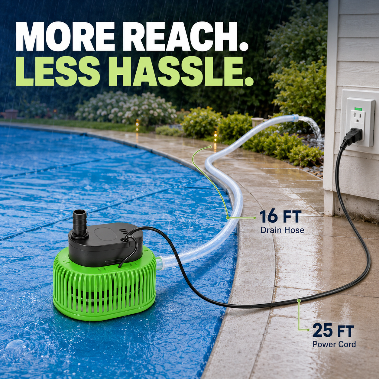 Above Ground Pool Cover Pump with 16FT Hose & 4 Universal Adapters