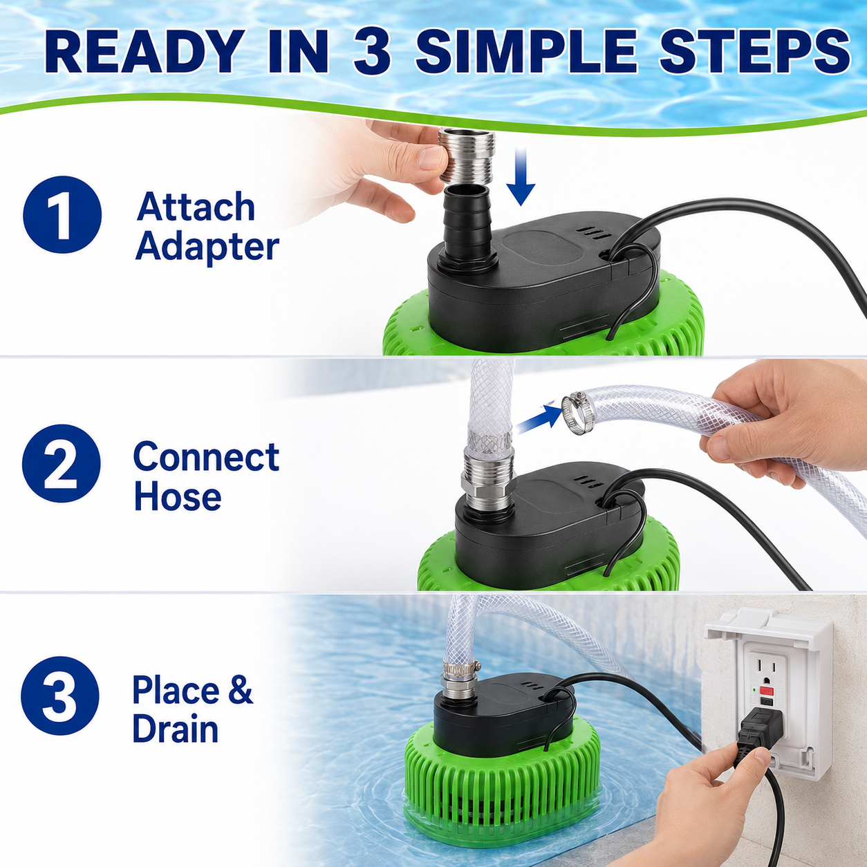 Above Ground Pool Cover Pump with 16FT Hose & 4 Universal Adapters