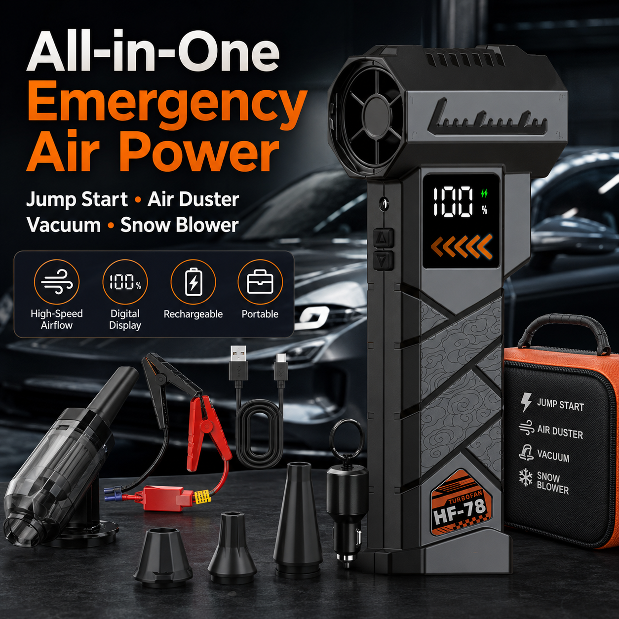 HF-78 Multifunctional Car Jump Starter with 13000RPM Air Duster Vacuum & Snow Blower