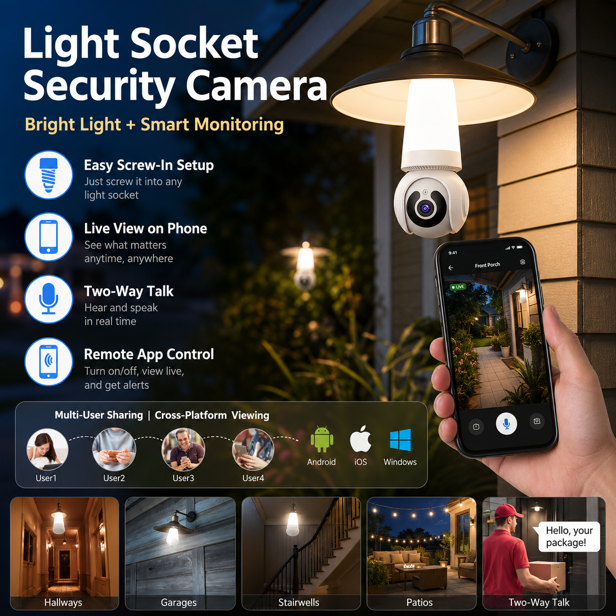 🚨 2K WiFi Light Bulb Security Camera with Motion Tracking – Wireless 360° Home Surveillance System with Night Vision & Two-Way Audio