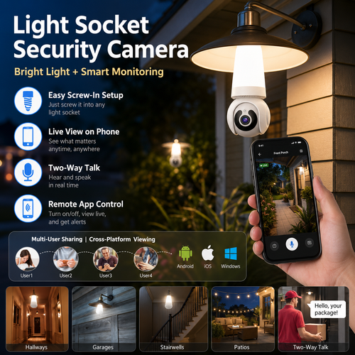 🚨 2K WiFi Light Bulb Security Camera with Motion Tracking – Wireless 360° Home Surveillance System with Night Vision & Two-Way Audio