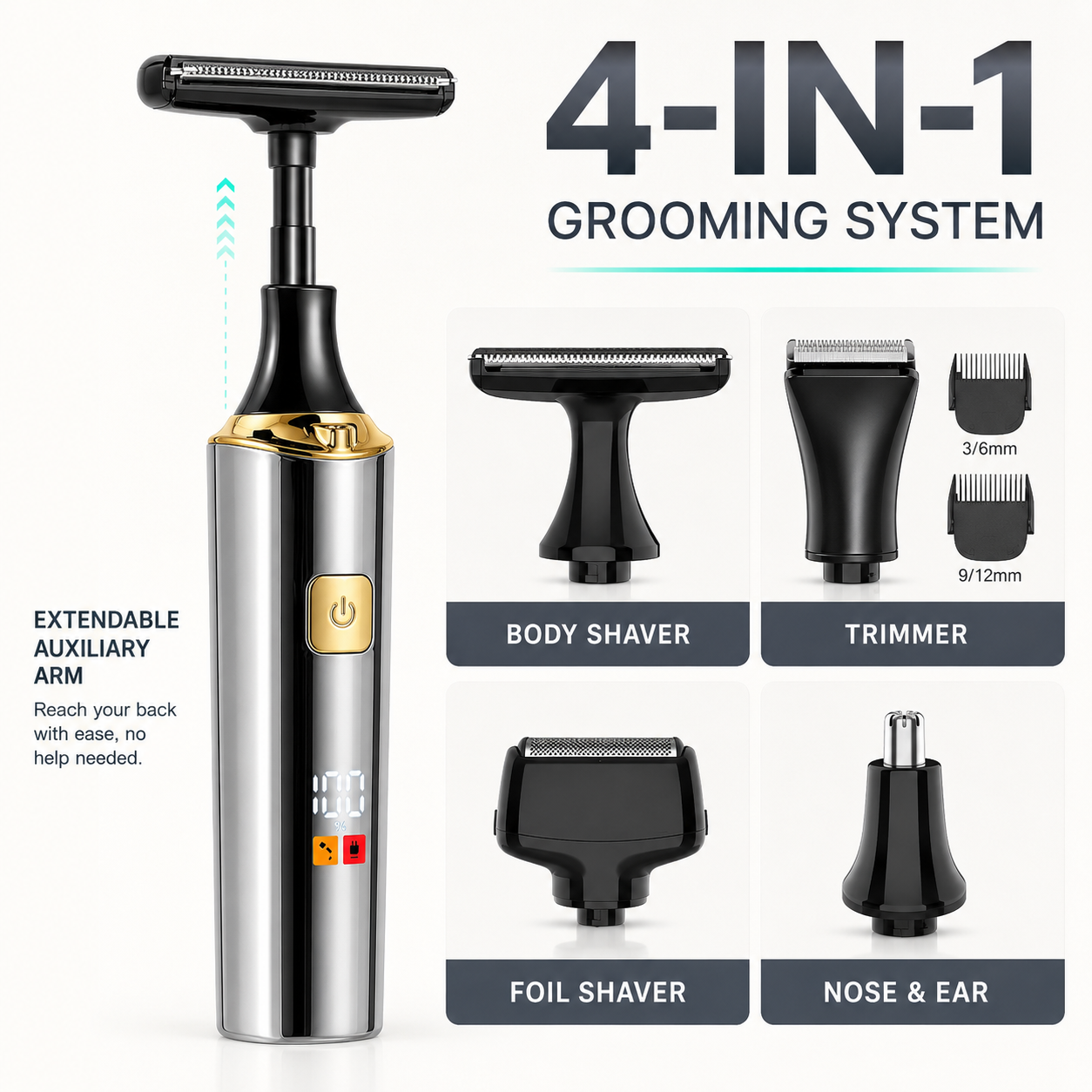 Men's Electric Back Shaver with Long Handle, 4-in-1 Pubic & Groin Hair Trimmer
