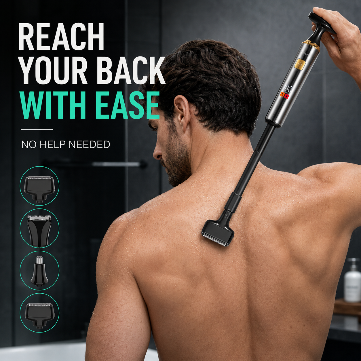 Men's Electric Back Shaver with Long Handle, 4-in-1 Pubic & Groin Hair Trimmer
