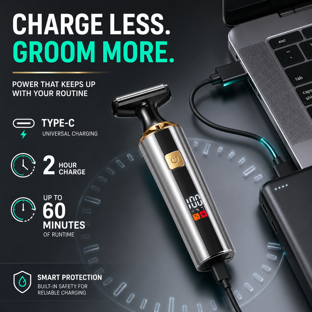 Men's Electric Back Shaver with Long Handle, 4-in-1 Pubic & Groin Hair Trimmer