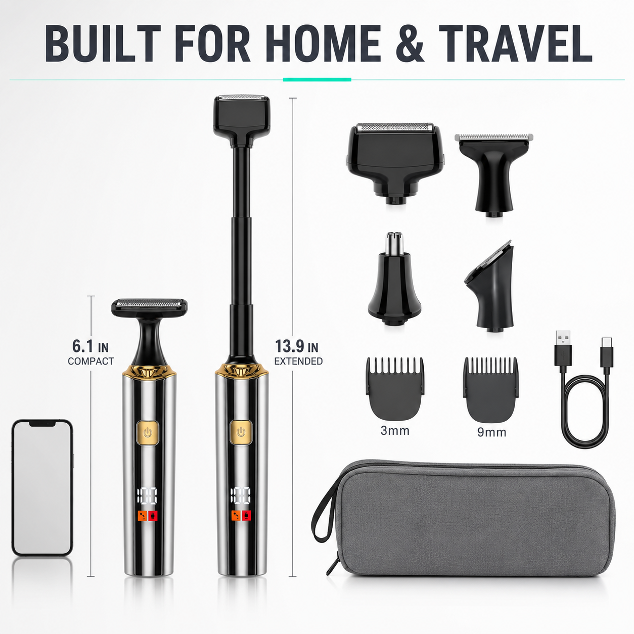 Men's Electric Back Shaver with Long Handle, 4-in-1 Pubic & Groin Hair Trimmer