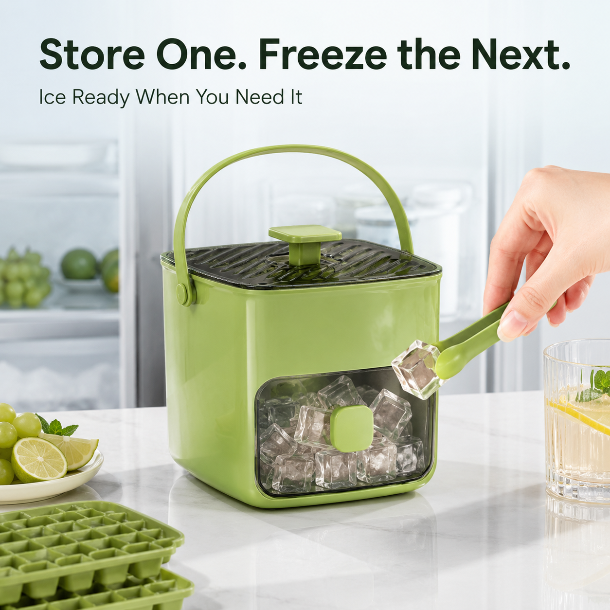 🧊 Press-Release Ice Cube Tray with Built-In Storage Bin