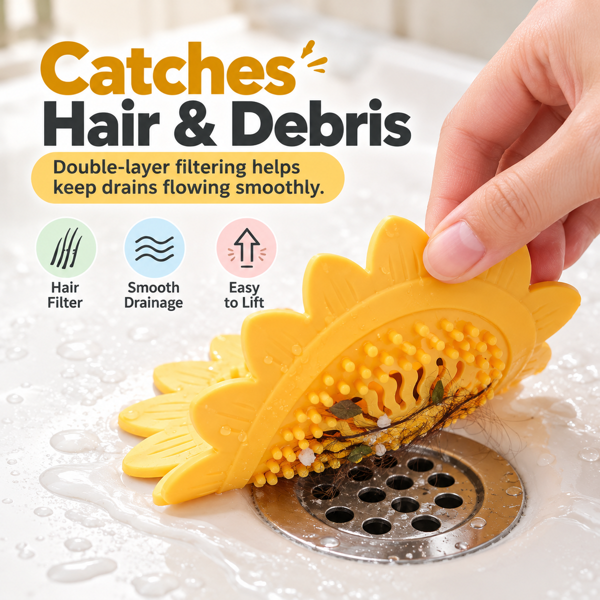 🌻 50% OFF Sunflower Silicone Drain Cover – Hair Catcher, Odor Blocker & One-Press Drain 💧