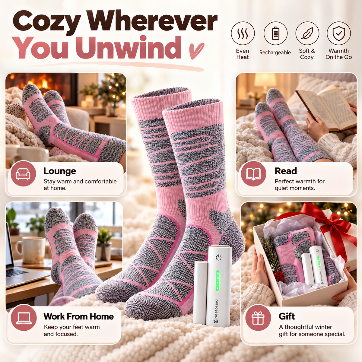 🔥 50% OFF 🧦 Rechargeable Heated Knee-High Lounge Socks with Cordless Battery Pocket & Anti-Slip Soles 🔥