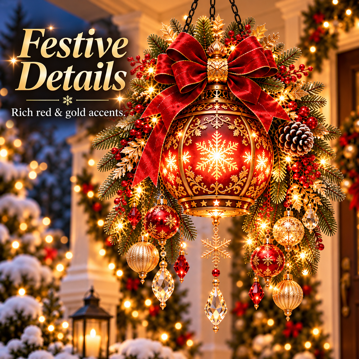 👑🎄Royal Christmas Lantern™ Pre-Lit Festive Red & Gold Hanging Porch Decor✨