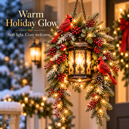 🎄 Pre-Lit Christmas Hanging Lantern – Cardinal & Evergreen Porch Decor, 3 Styles