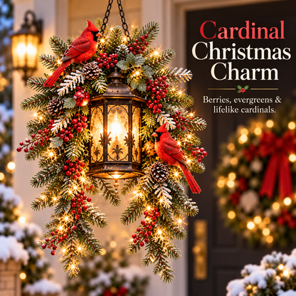 🎄 Pre-Lit Christmas Hanging Lantern – Cardinal & Evergreen Porch Decor, 3 Styles