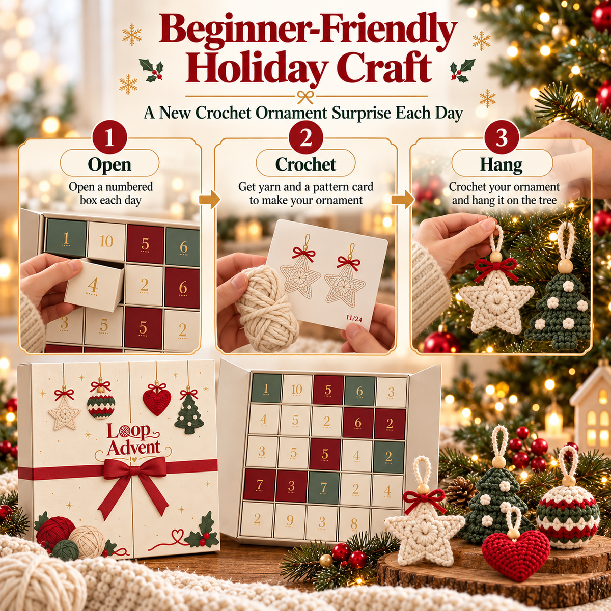 🎄 24-Day Christmas Crochet Advent Calendar DIY Ornament Kit for Holiday Crafting 🧶