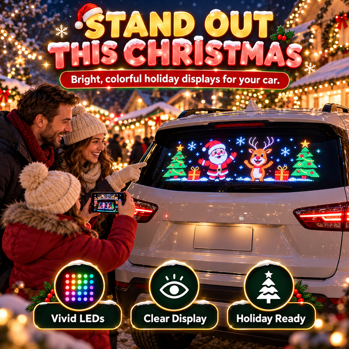 🎄 Animated Christmas LED Rear Window Panel – App Controlled Car Display