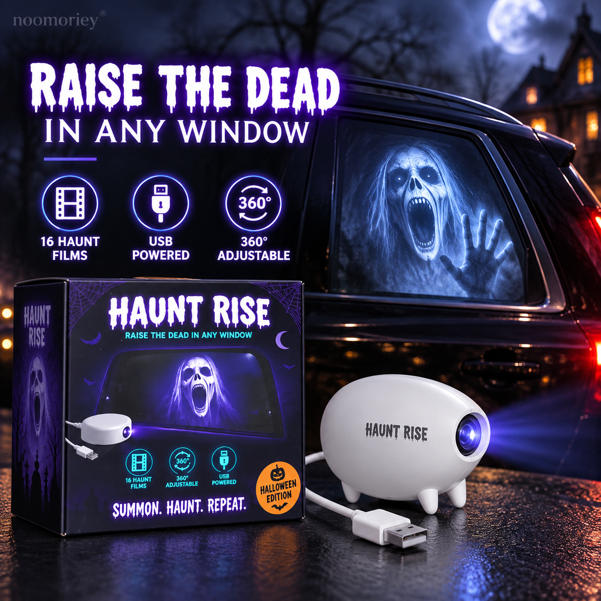 🎃 Haunt Rise 360° Animated Halloween Window Projector | 16 Spooky Holiday Films USB Atmosphere Light 👻