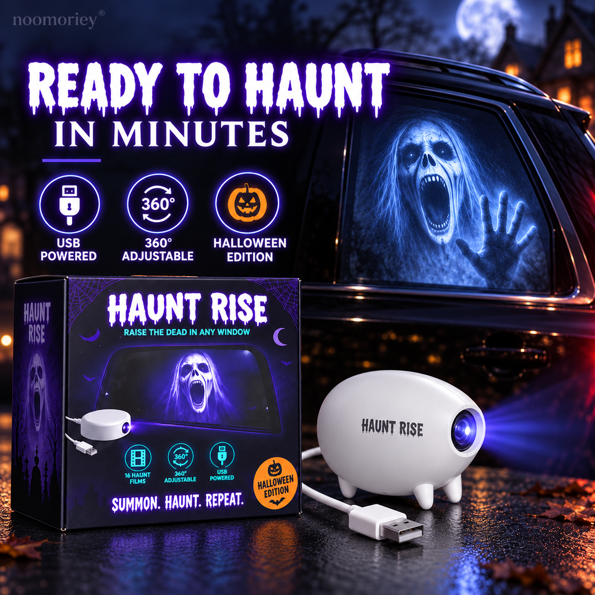 🎃 Haunt Rise 360° Animated Halloween Window Projector | 16 Spooky Holiday Films USB Atmosphere Light 👻