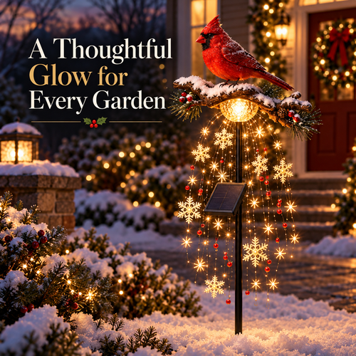 🐦Cardinal Solar Garden Lantern ✨ Cascading Snowflake Outdoor Light