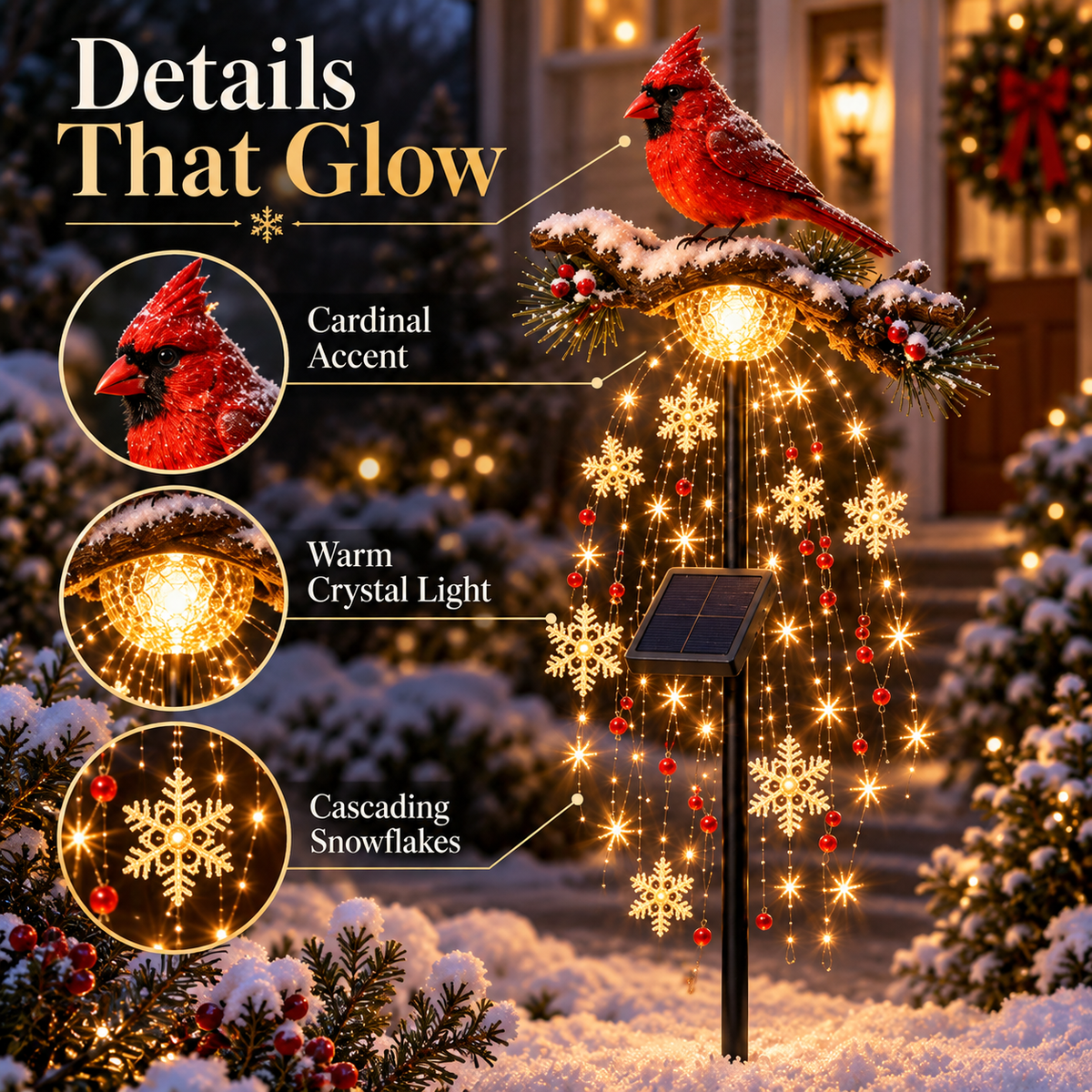🐦Cardinal Solar Garden Lantern ✨ Cascading Snowflake Outdoor Light