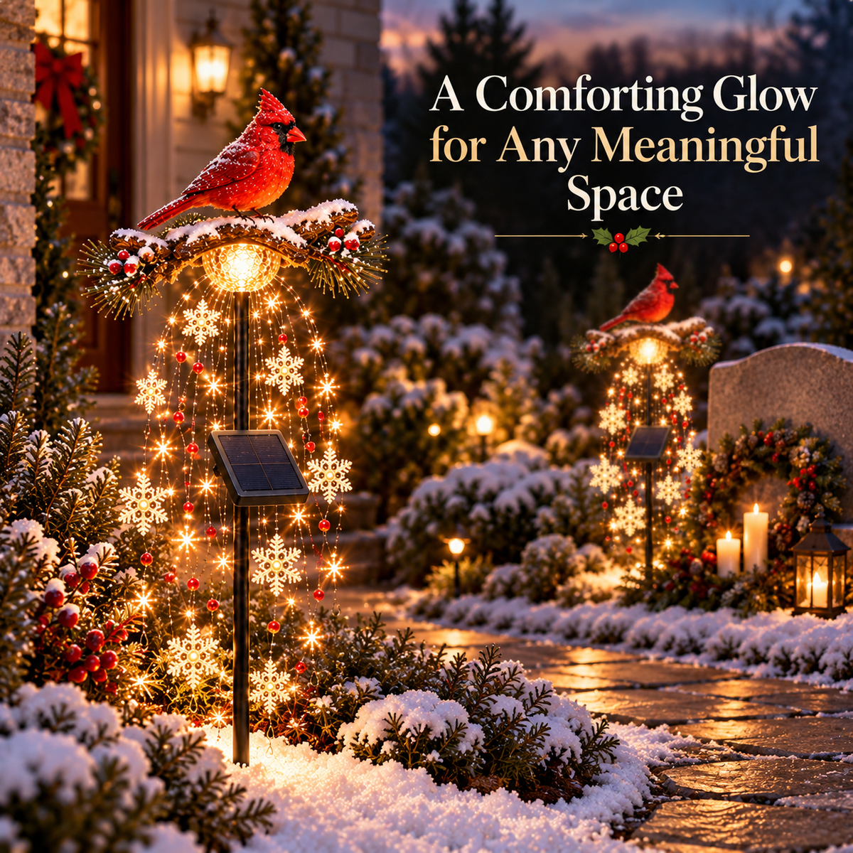🐦Cardinal Solar Garden Lantern ✨ Cascading Snowflake Outdoor Light