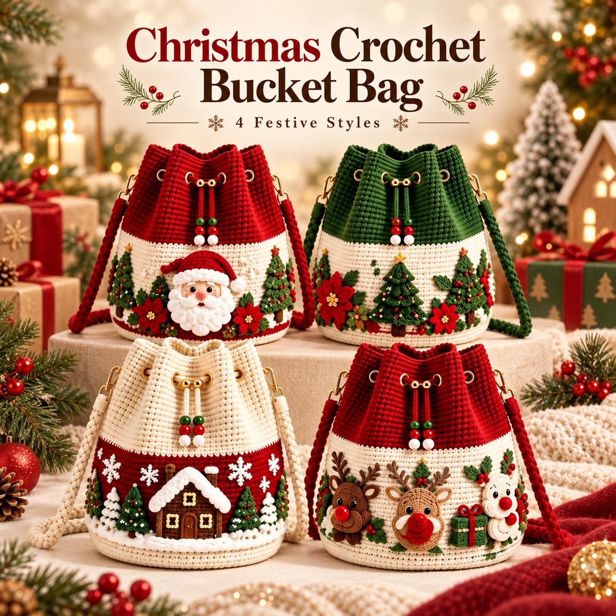 🔥 50% OFF Christmas Crochet Bucket Bag 🎄 Festive Holiday Purse