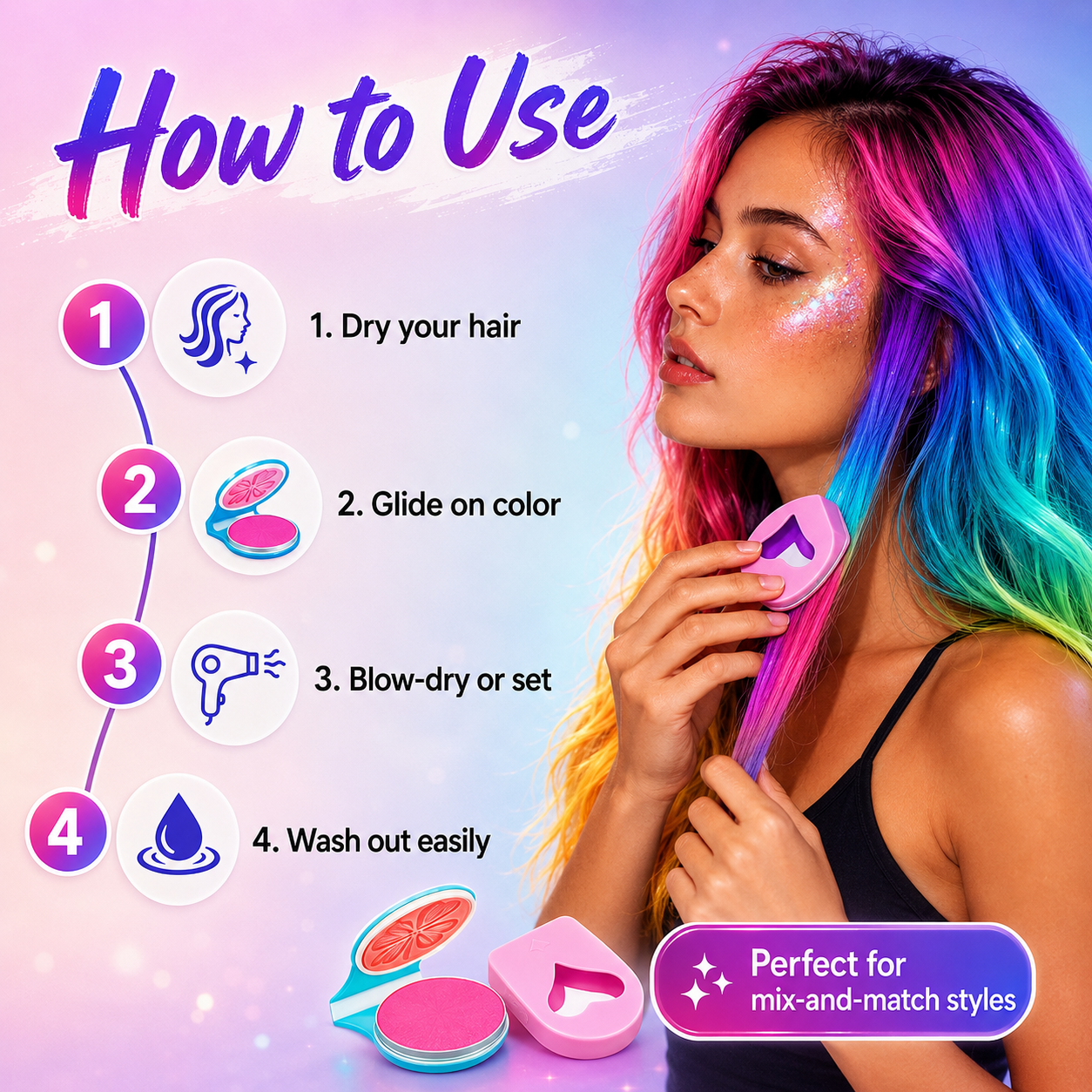 🔥 50% OFF Glow Hair Chalk Set ✨ 6 Colors Temporary Hair Color For Parties & Festivals