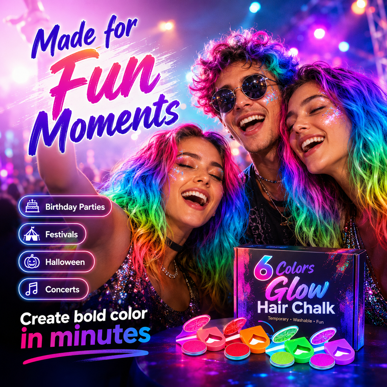 🔥 50% OFF Glow Hair Chalk Set ✨ 6 Colors Temporary Hair Color For Parties & Festivals