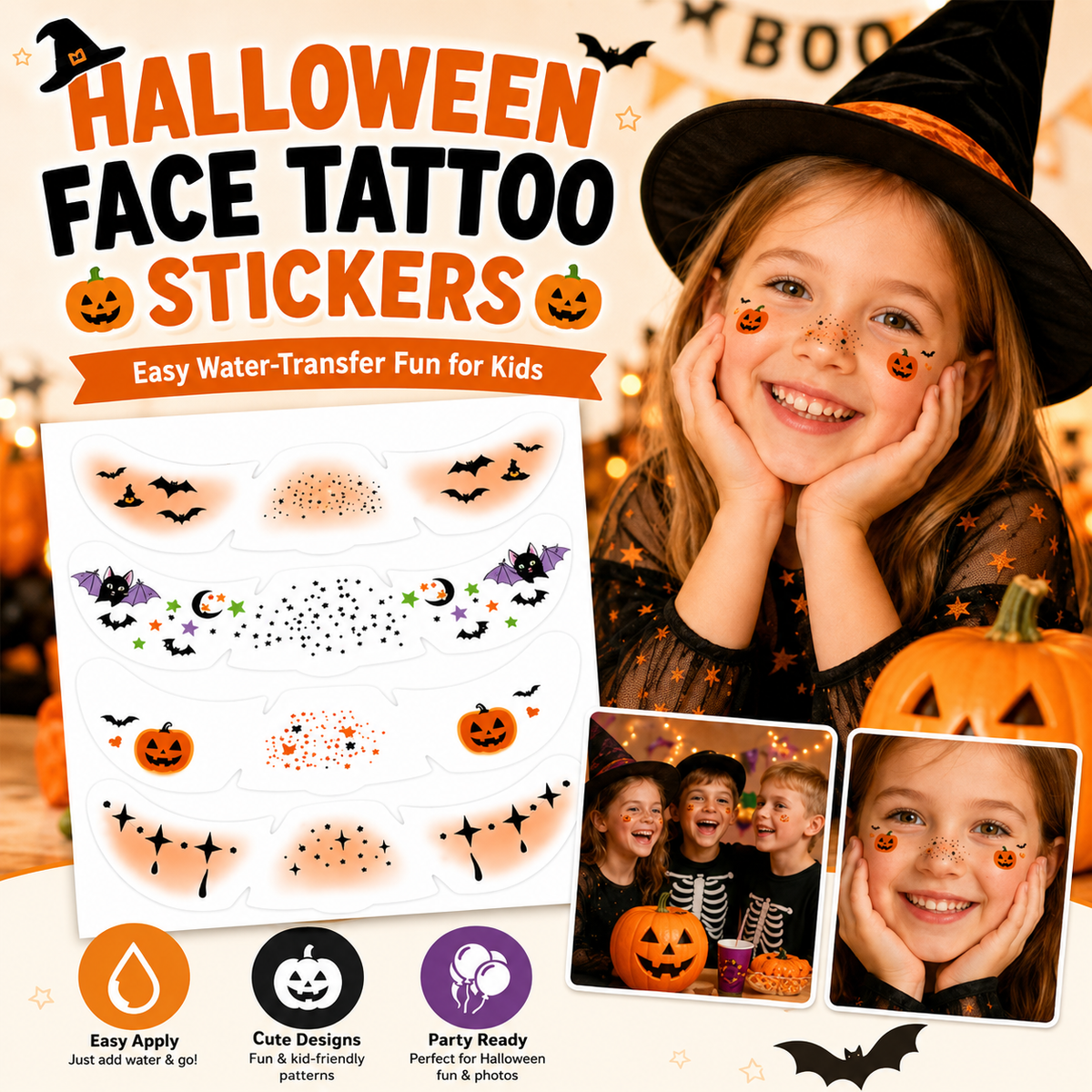 🎃 50% OFF 6PCS Halloween Face Tattoo Stickers – Easy Water-Transfer Costume Fun