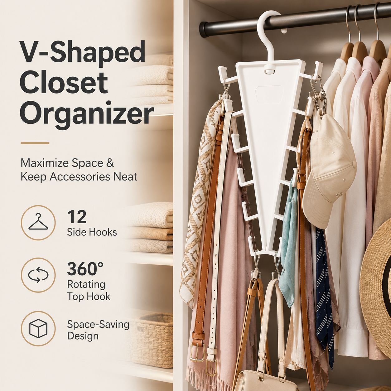 🔥 Last Day 50% OFF 12-Hook V-Shaped Closet Organizer ✨ Save Space & Organize More