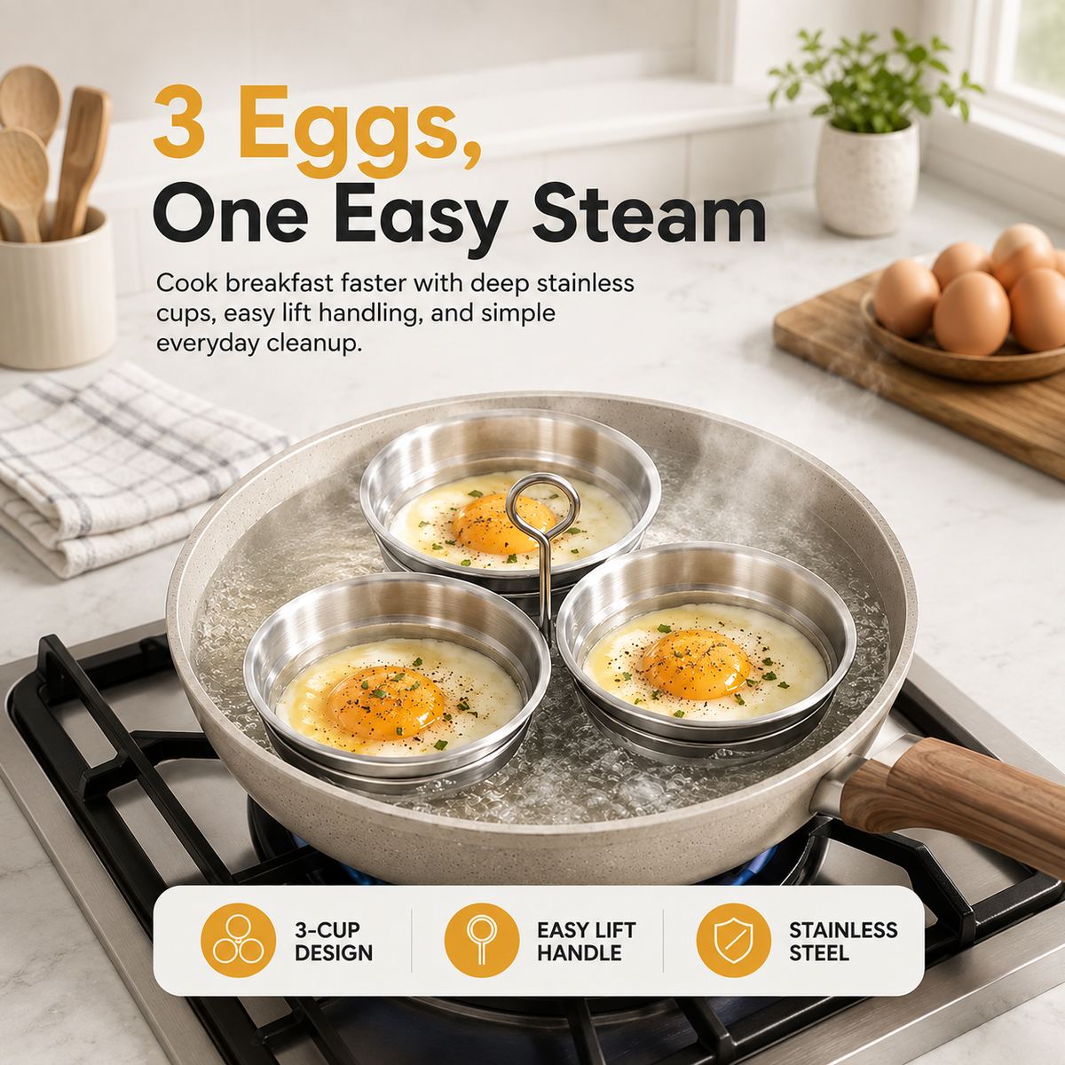 🍳 50% OFF 3-Cup Stainless Steel Egg Steamer – Easy Breakfast Egg Cooker
