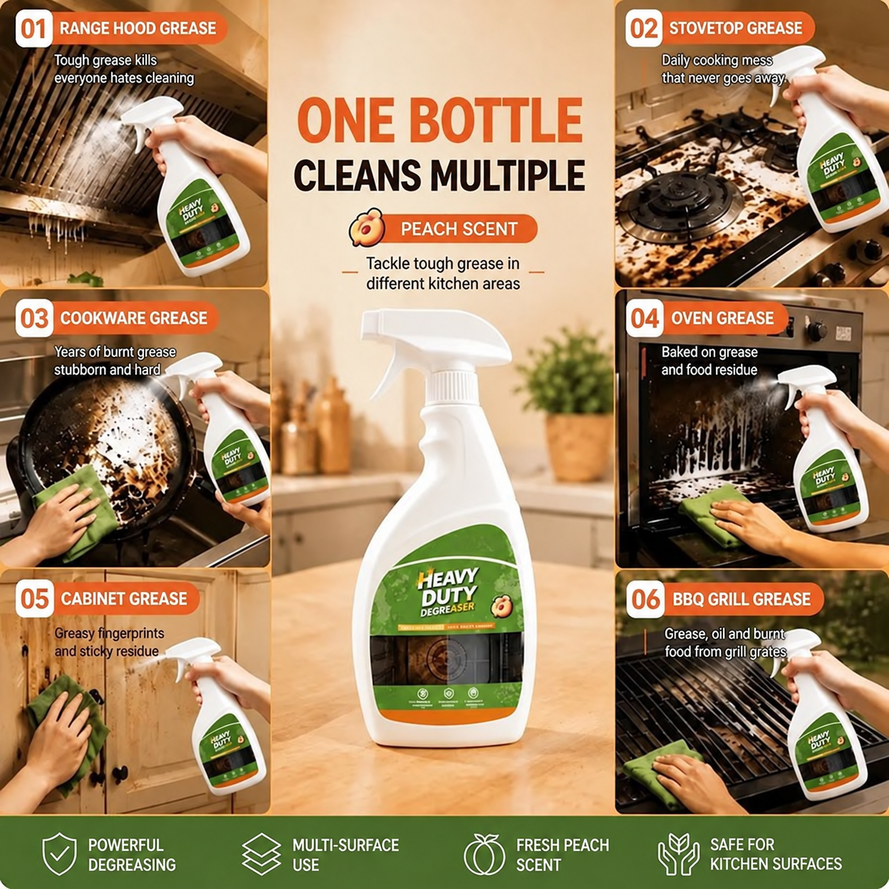 💥 50% OFF 🍑 Heavy Duty Grease Remover Spray – Powerful Kitchen Grease Cleaner