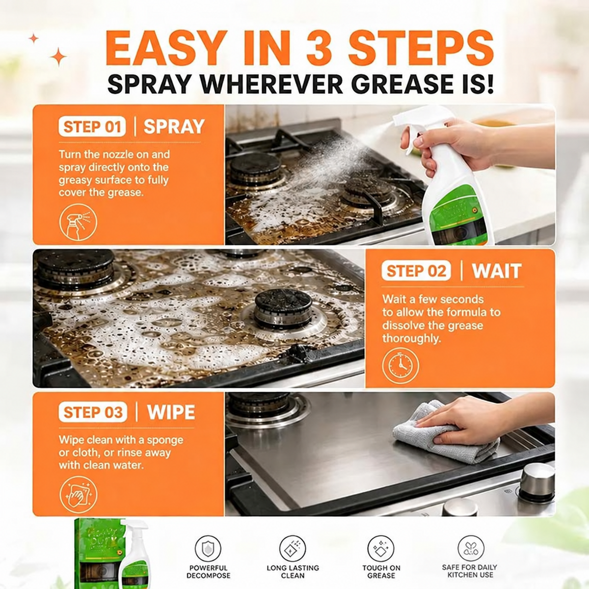 💥 50% OFF 🍑 Heavy Duty Grease Remover Spray – Powerful Kitchen Grease Cleaner