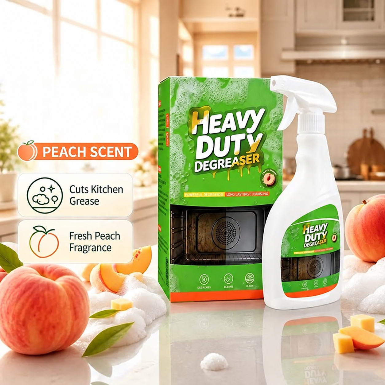 💥 50% OFF 🍑 Heavy Duty Grease Remover Spray – Powerful Kitchen Grease Cleaner