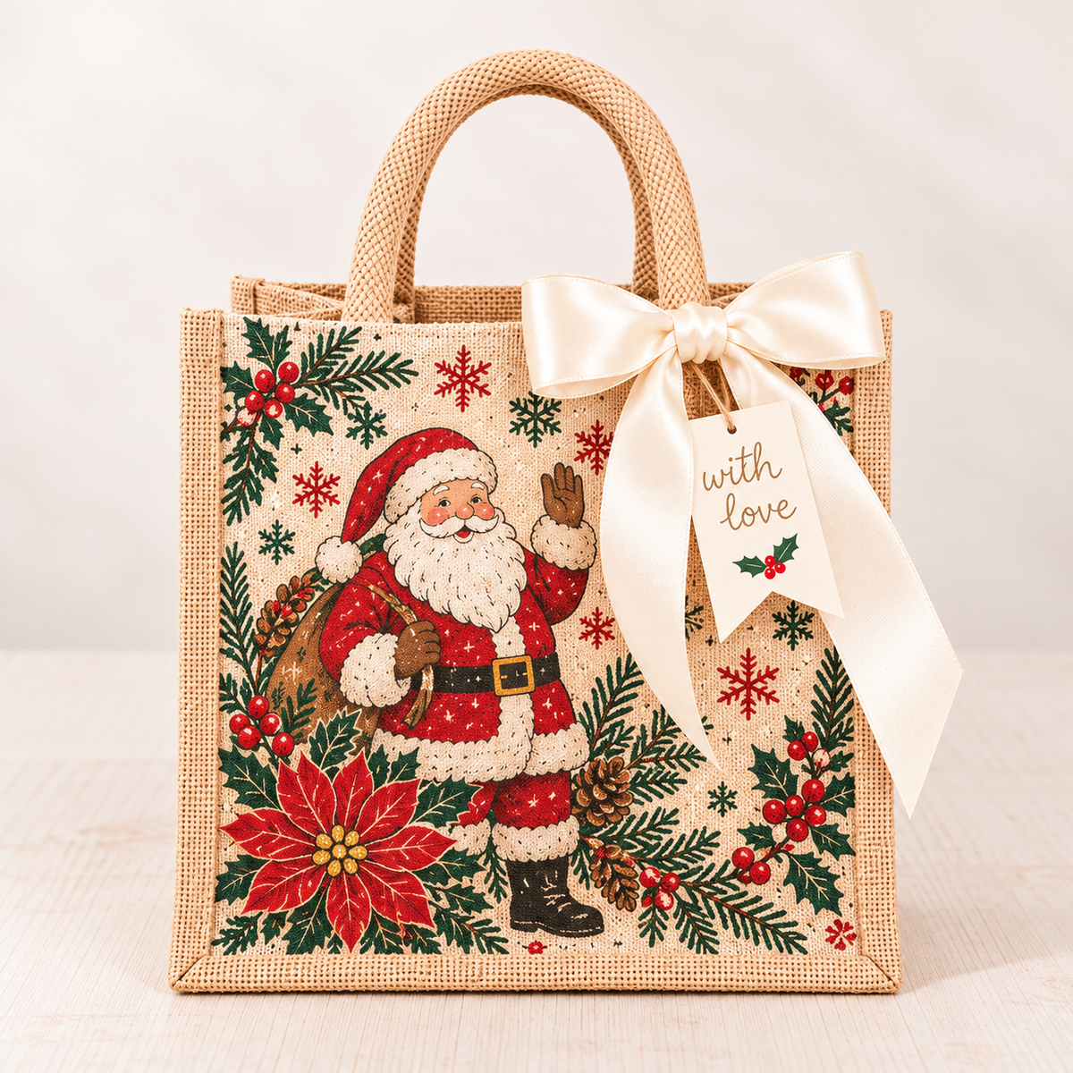 🎁 Vintage Christmas Burlap Gift Tote Bag – Reusable Rustic Holiday Gift Bag with Ribbon & Gift Tag