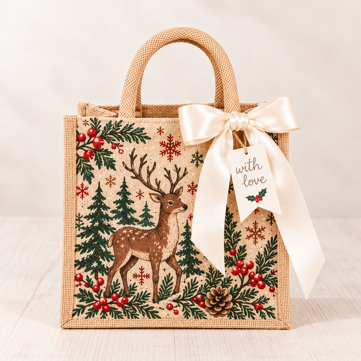 🎁 Vintage Christmas Burlap Gift Tote Bag – Reusable Rustic Holiday Gift Bag with Ribbon & Gift Tag