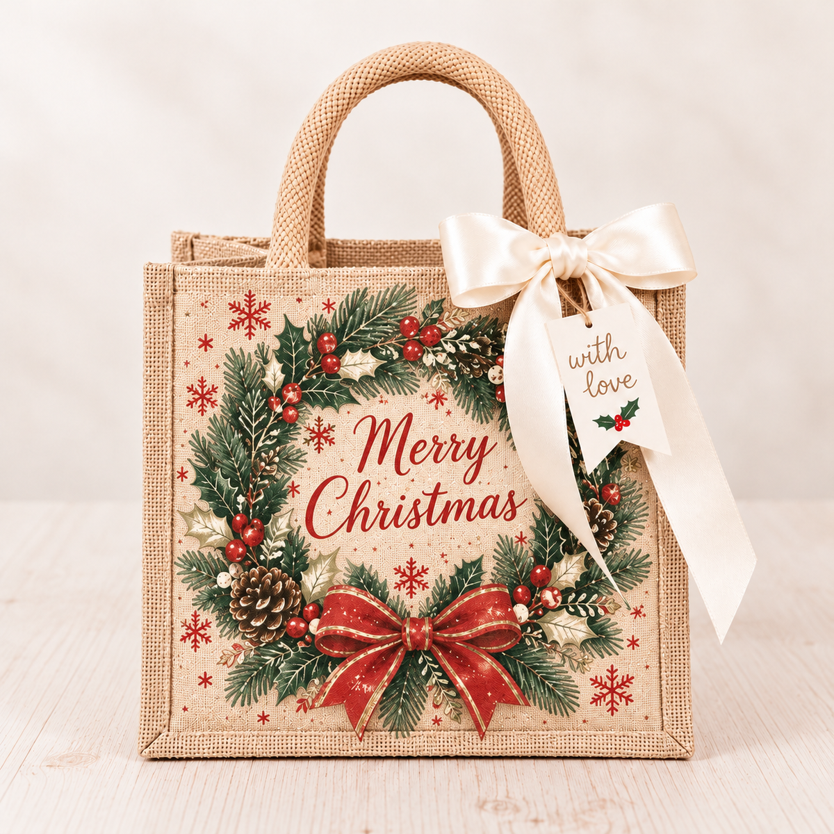 🎁 Vintage Christmas Burlap Gift Tote Bag – Reusable Rustic Holiday Gift Bag with Ribbon & Gift Tag