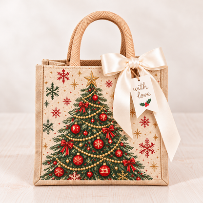 🎁 Vintage Christmas Burlap Gift Tote Bag – Reusable Rustic Holiday Gift Bag with Ribbon & Gift Tag