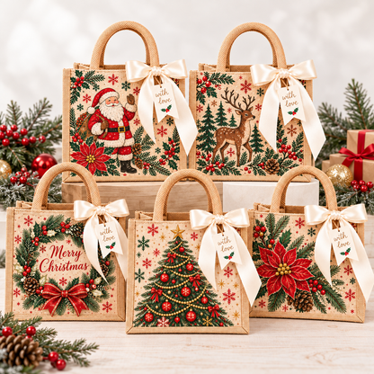🎁 Vintage Christmas Burlap Gift Tote Bag – Reusable Rustic Holiday Gift Bag with Ribbon & Gift Tag