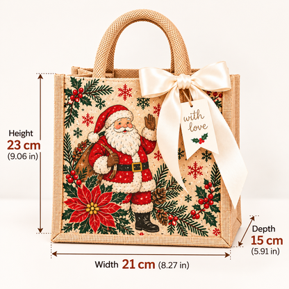 🎁 Vintage Christmas Burlap Gift Tote Bag – Reusable Rustic Holiday Gift Bag with Ribbon & Gift Tag